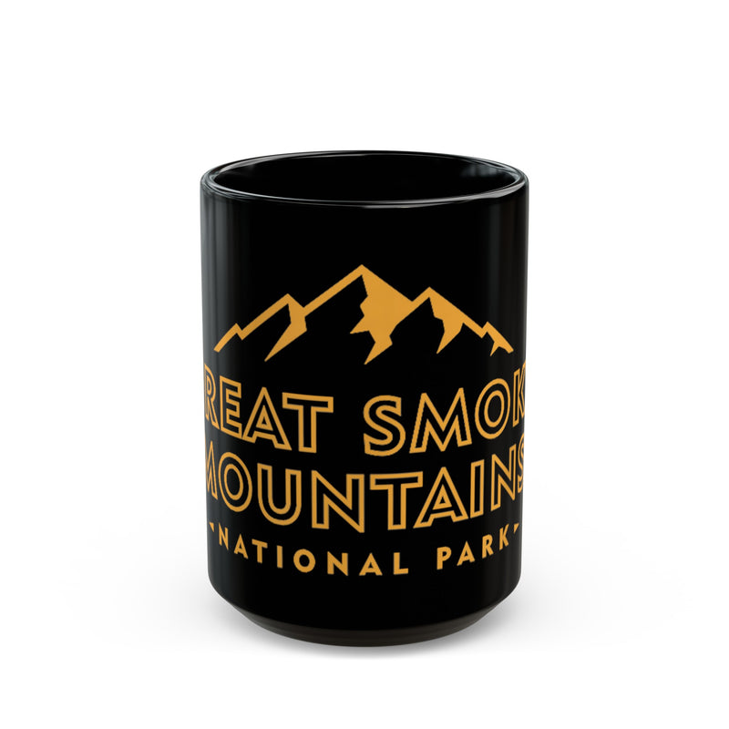 Ceramic mug featuring an illustration of Great Smoky Mountains National Park with mountain peaks and text.