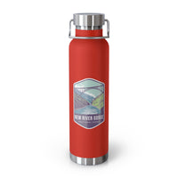 Red stainless steel water bottle with a scenic design of New River Gorge National Park.