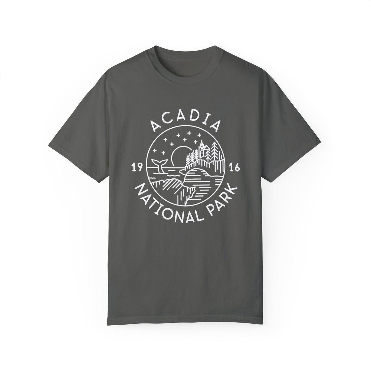 Acadia National Park T-shirt featuring a night sky design with stars, trees, and a scenic view with "Acadia" text.