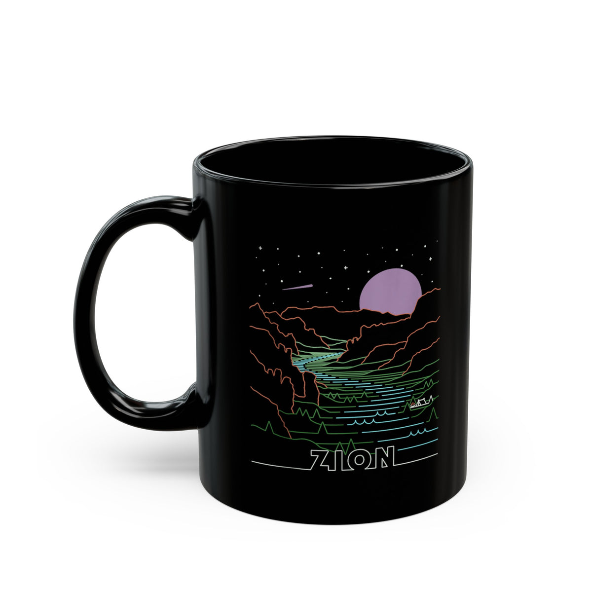 Black ceramic mug featuring a design of Zion National Park with a night sky and river.