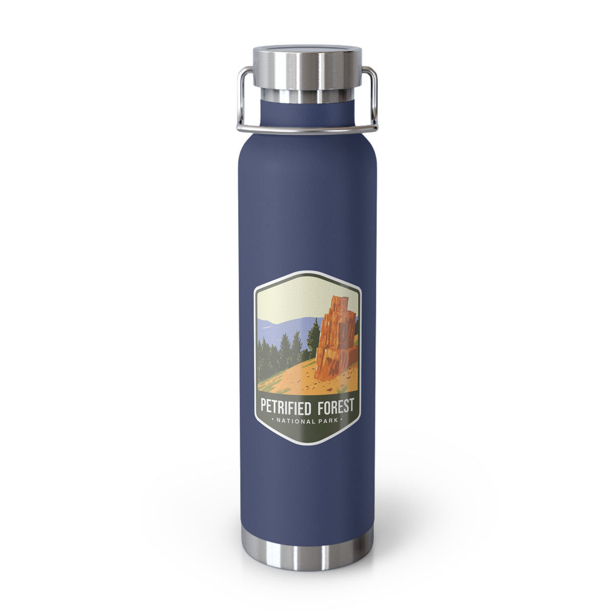 Navy stainless steel water bottle featuring a Petrified Forest National Park design with a tall petrified tree.