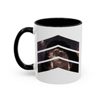 11 oz ceramic mug with black handle featuring a mountain design with three chevrons, representing Arches National Park.