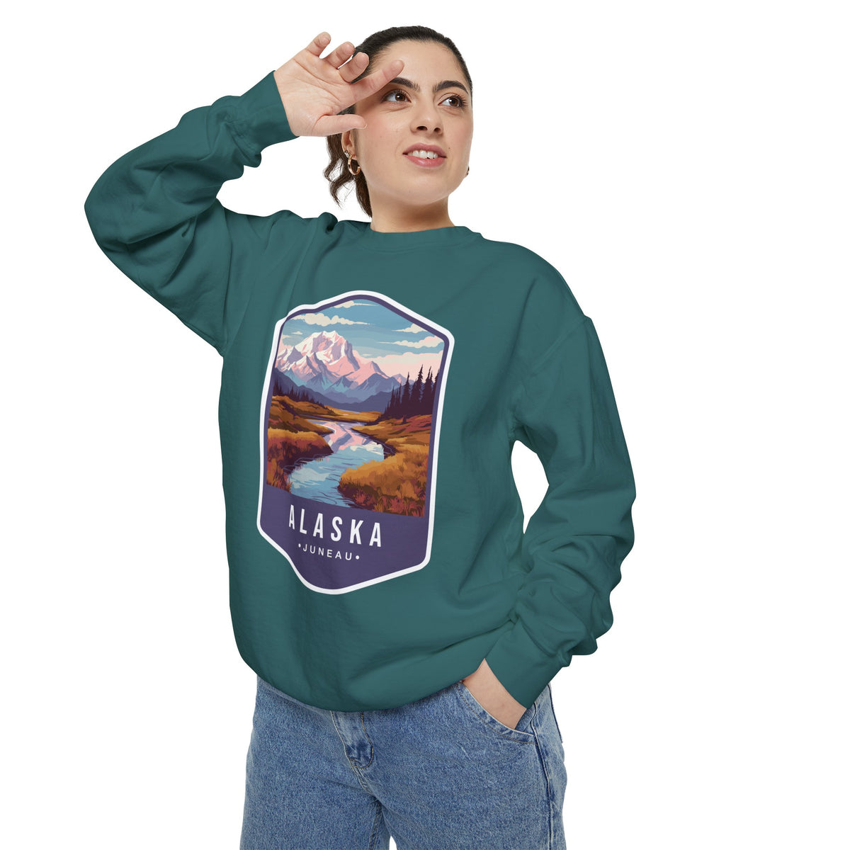 Cozy Alaska Juneau Sweatshirt - Scenic Mountain River Design - Unisex Garment-Dyed Cozy Fleece