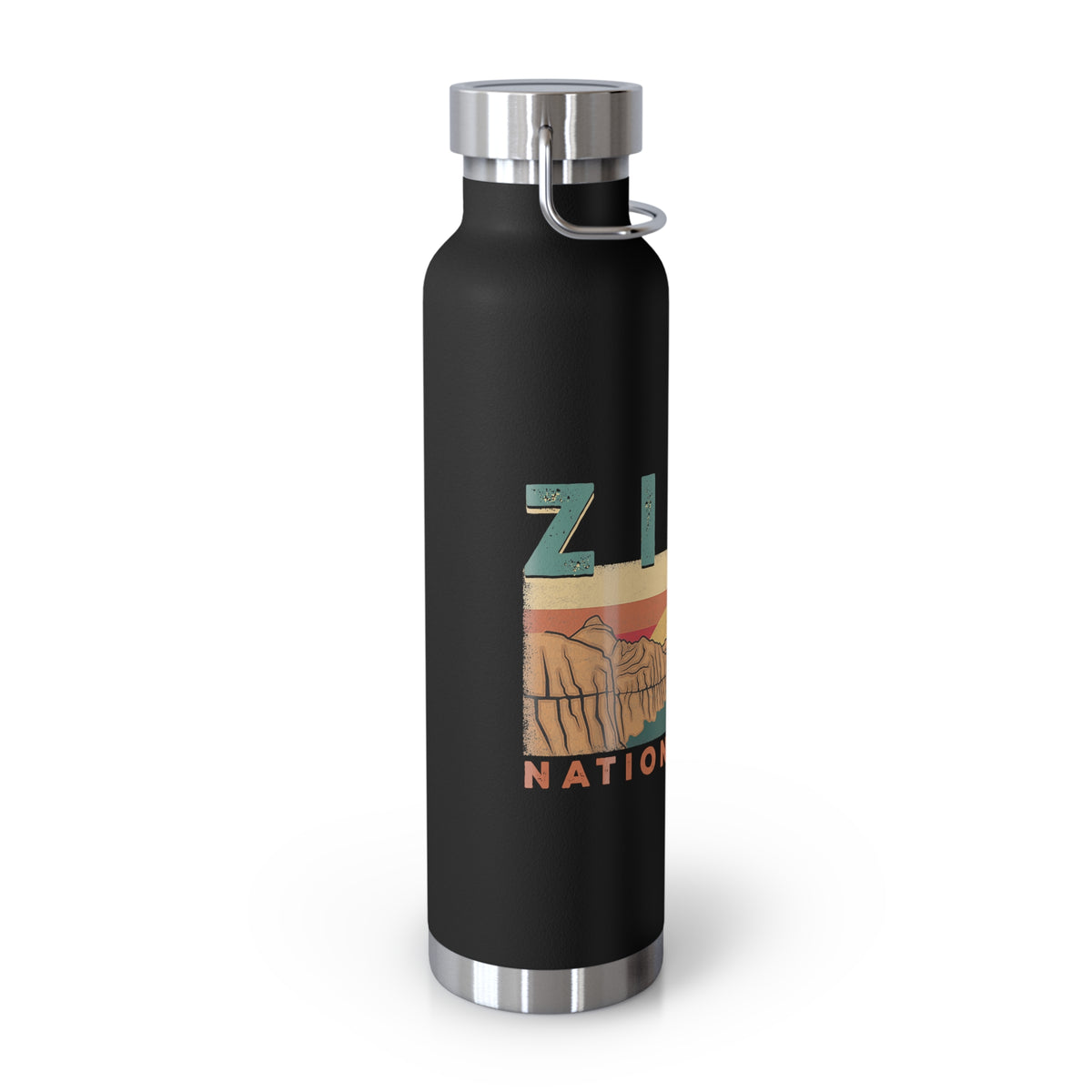 Image of a stainless steel water bottle featuring a scenic design from Zion National Park in Utah.