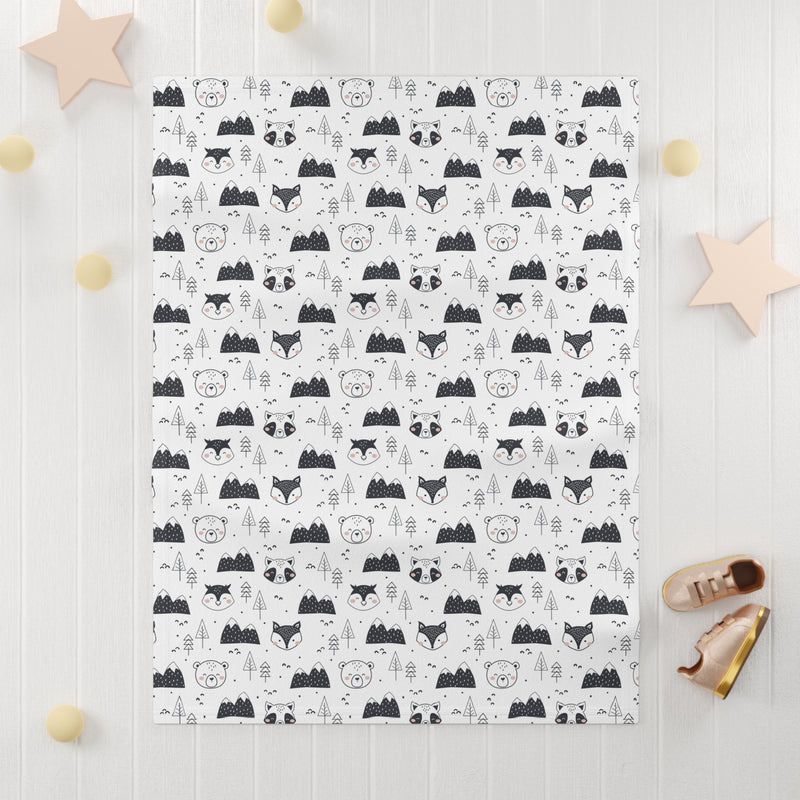 Woodland Animals Black and White Unisex Soft Fleece Baby Blanket