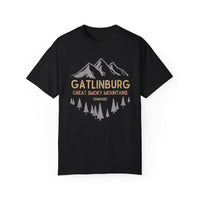 T-shirt featuring a mountain and trees design with text "Gatlinburg, Great Smoky Mountains, Tennessee."