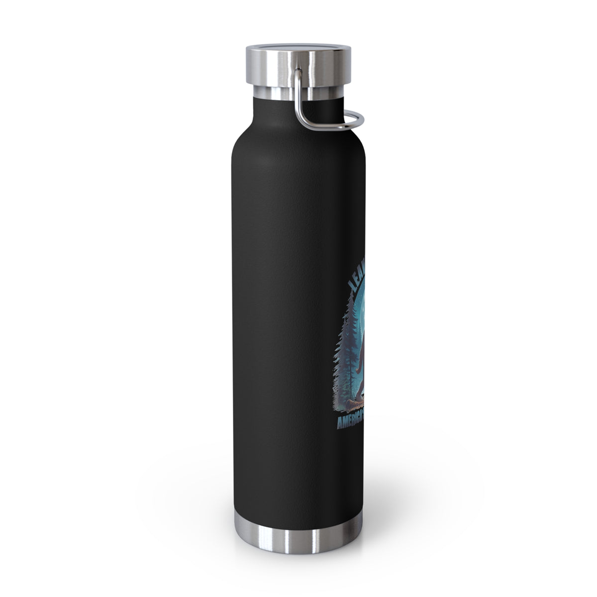 Water bottle with Leave No Trace design featuring a bear silhouette and a full moon, promoting conservation in America's national parks.