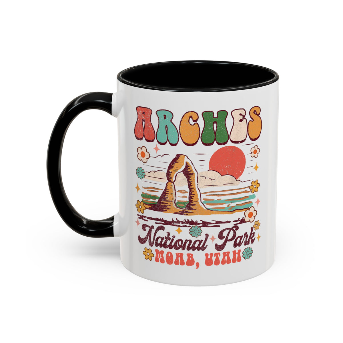 11 oz black Arches National Park souvenir mug featuring a scenic design with mountains, arches, and a colorful sunset from Utah.