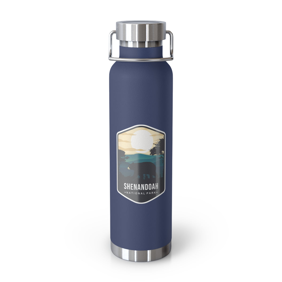 Navy stainless steel water bottle featuring a design of Shenandoah National Park with mountain and sunset scenery.