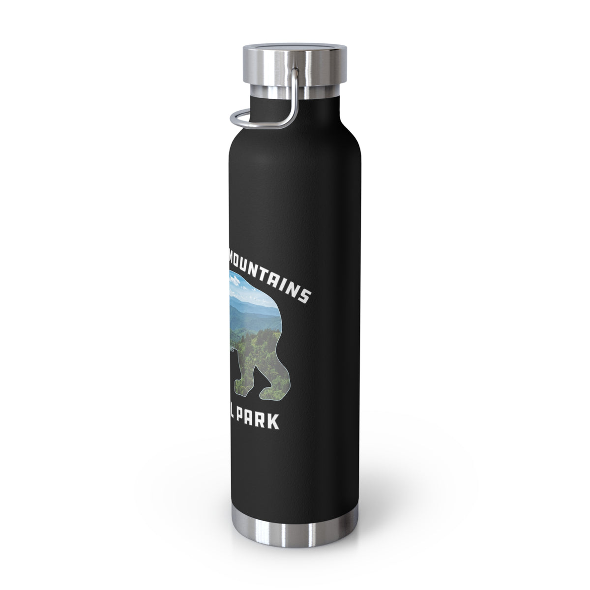 Image of an insulated souvenir bottle featuring a scenic bear silhouette with mountains and forest design from Great Smoky Mountains National Park, Tennessee & North Carolina.