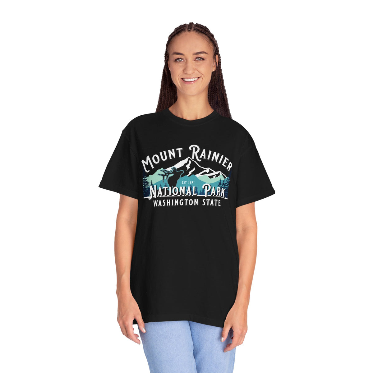 Mount Rainier Souvenir Tee with Mountains and Trees