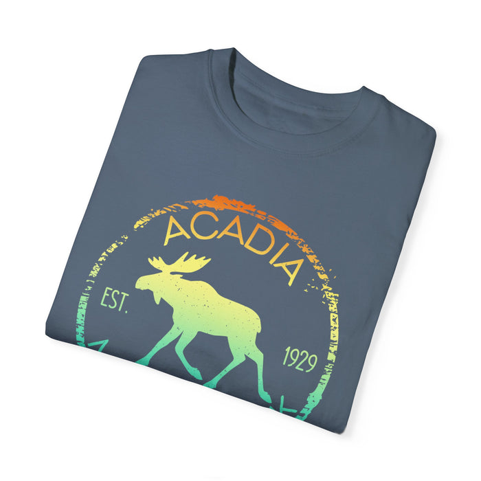 Acadia National Park T-shirt featuring a graphic design with a moose, rainbow colors, and "Est. 1929" text.