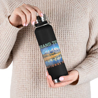 Grand Teton National Park souvenir water bottle featuring a scenic mountain reflection design with stainless steel construction.