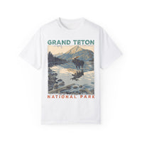 Grand Teton National Park T-shirt featuring a moose graphic design with a lake and mountain scene.