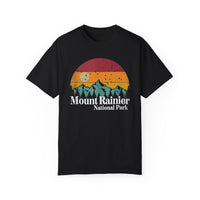 T-shirt featuring Mt. Rainier National Park with a sunset and mountain design.