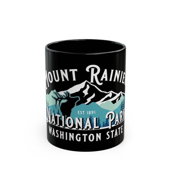 Mount Rainier National Park souvenir mug with elk and scenic mountain design