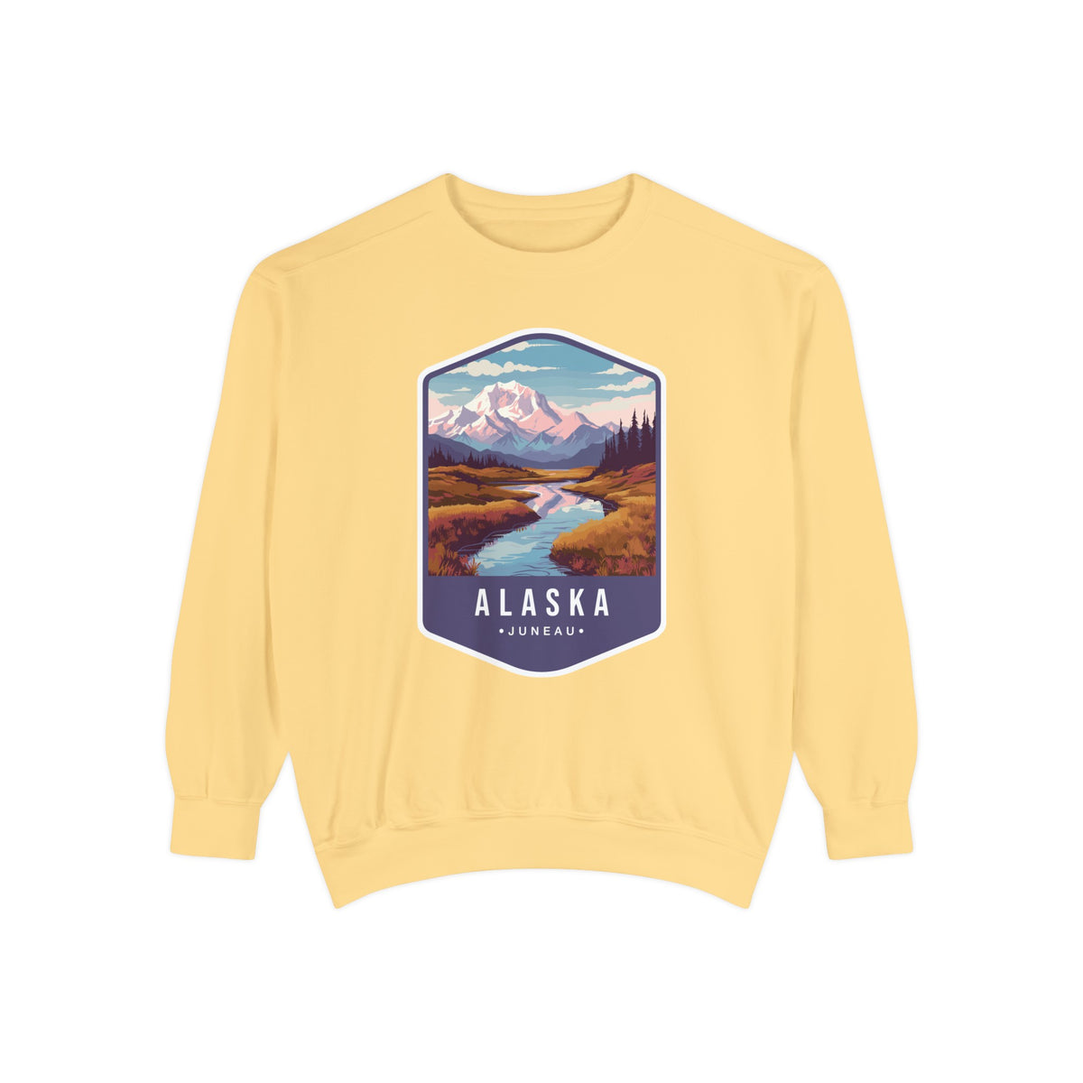 Cozy Alaska Juneau Sweatshirt - Scenic Mountain River Design - Unisex Garment-Dyed Cozy Fleece