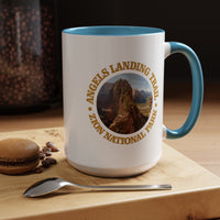 White ceramic mug with a contrasting handle and interior, featuring an image of Angels Landing Trail in Zion National Park with a mountain landscape design.