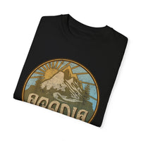 Acadia National Park T-shirt featuring a graphic design with mountains, trees, and a sunrise, with "Acadia" text.