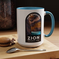 15 oz ceramic mug with light blue contrasting handle featuring a design of The Narrows at Zion National Park, perfect as a souvenir 