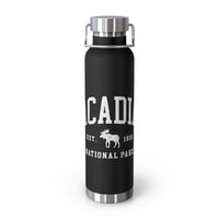 Stainless steel water bottle featuring an Acadia National Park design with a moose and "Est. 1916" text, durable powder-coated finish.