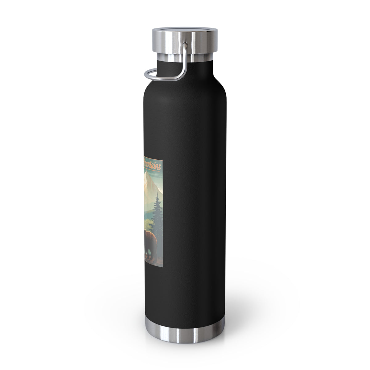 Image of an insulated souvenir bottle featuring a scenic bear and mountain design from Great Smoky Mountains National Park, with the text "Tennessee & North Carolina."