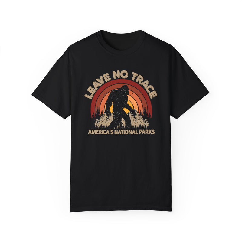 T-shirt featuring a Bigfoot silhouette with a sunset background and text "Leave No Trace America's National Parks."