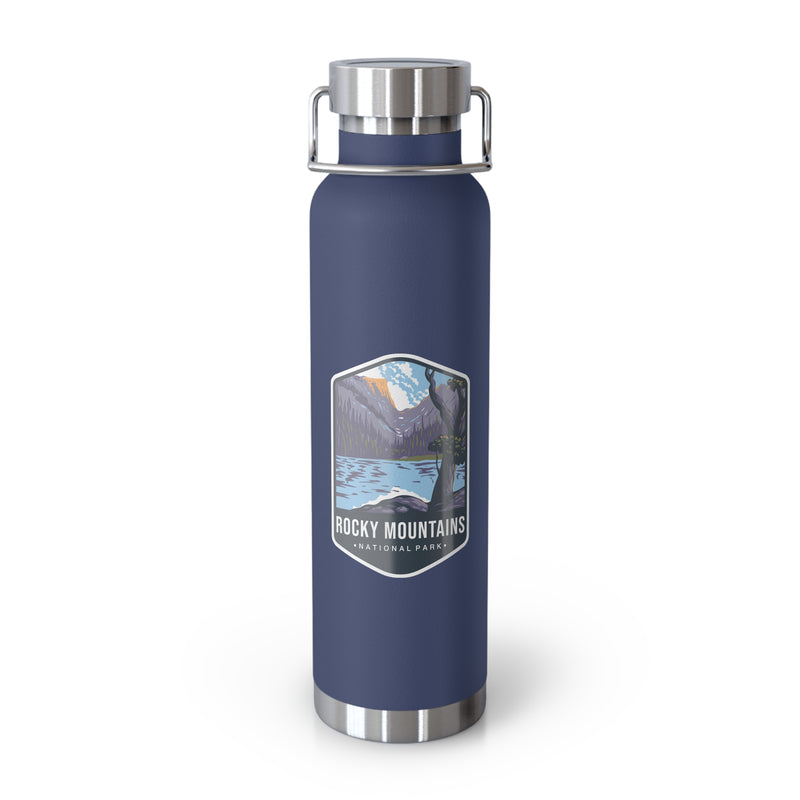 Navy stainless steel water bottle featuring a design of Rocky Mountains National Park with mountain and lake scenery.