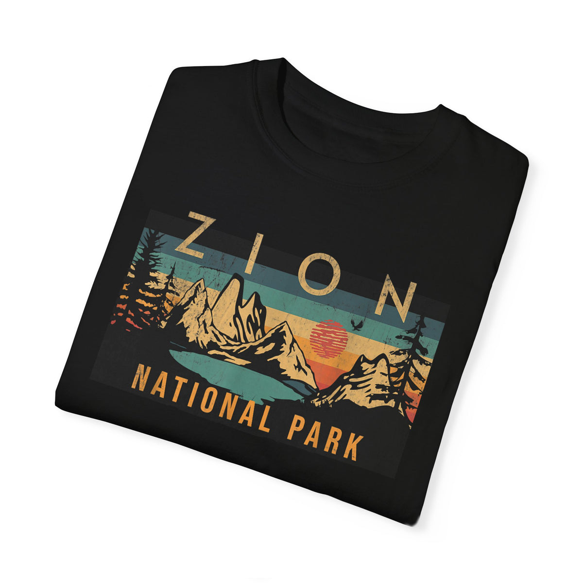 T-shirt featuring a sunset mountain design for Zion National Park.