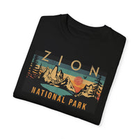 T-shirt featuring a sunset mountain design for Zion National Park.