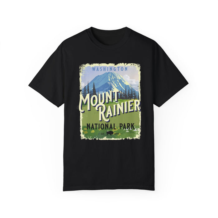 T-shirt featuring a scenic design of Mount Rainier National Park in Washington.