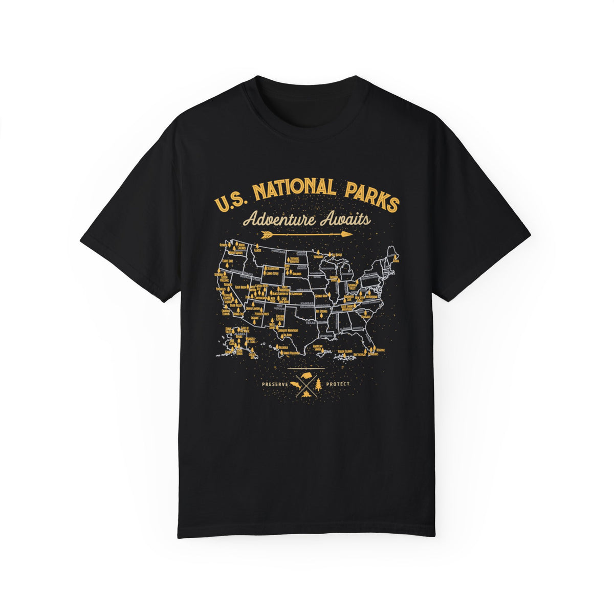 T-shirt featuring a detailed map of U.S. National Parks with "Adventure Awaits" text.