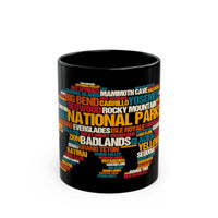 Black ceramic mug featuring a colorful word map design of U.S. National Parks names.