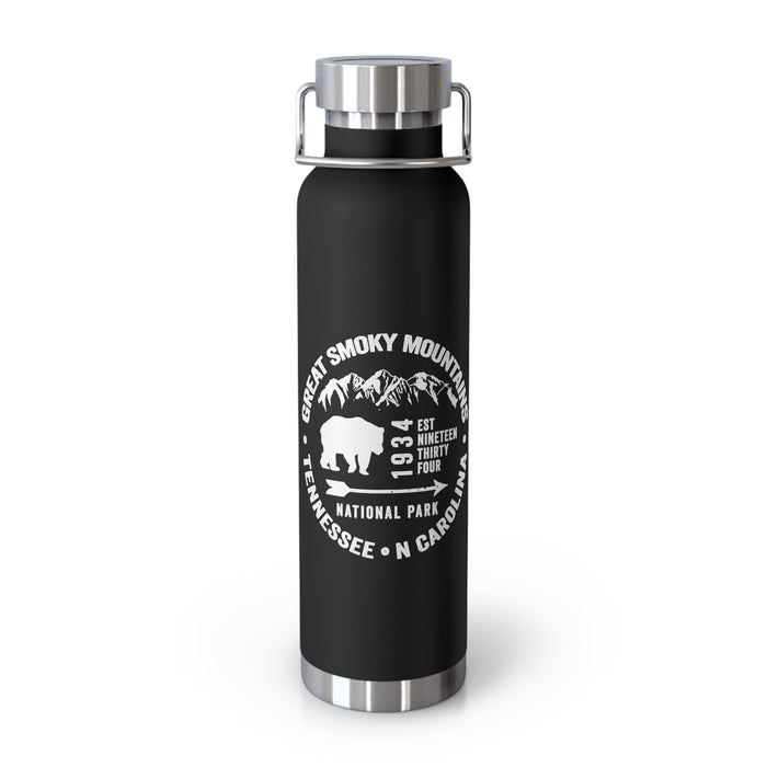 Stainless steel water bottle featuring a Great Smoky Mountains National Park design with a bear illustration and a durable powder-coated finish.