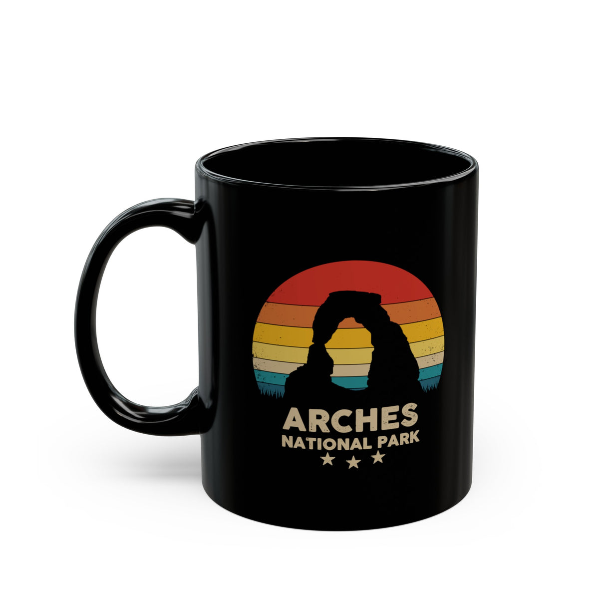 Ceramic mug featuring a sunset silhouette design of Arches National Park, perfect as a souvenir.