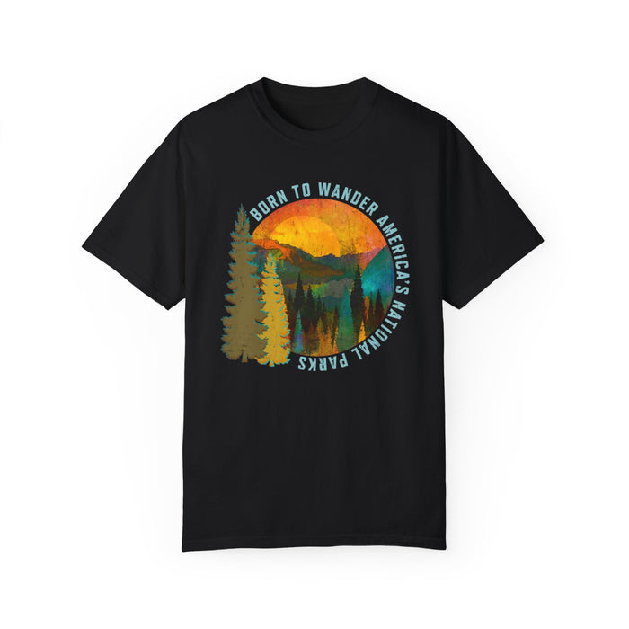 T-shirt featuring a scenic sunset with mountains and trees, and text "Born to Wander America's National Parks."