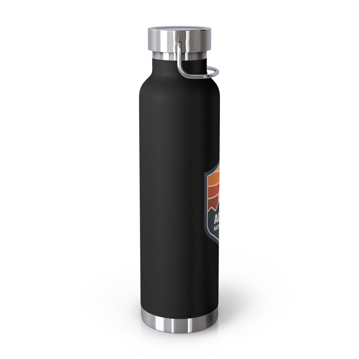 Stainless steel water bottle featuring an Acadia National Park design with a sunset badge illustration, durable powder-coated finish.