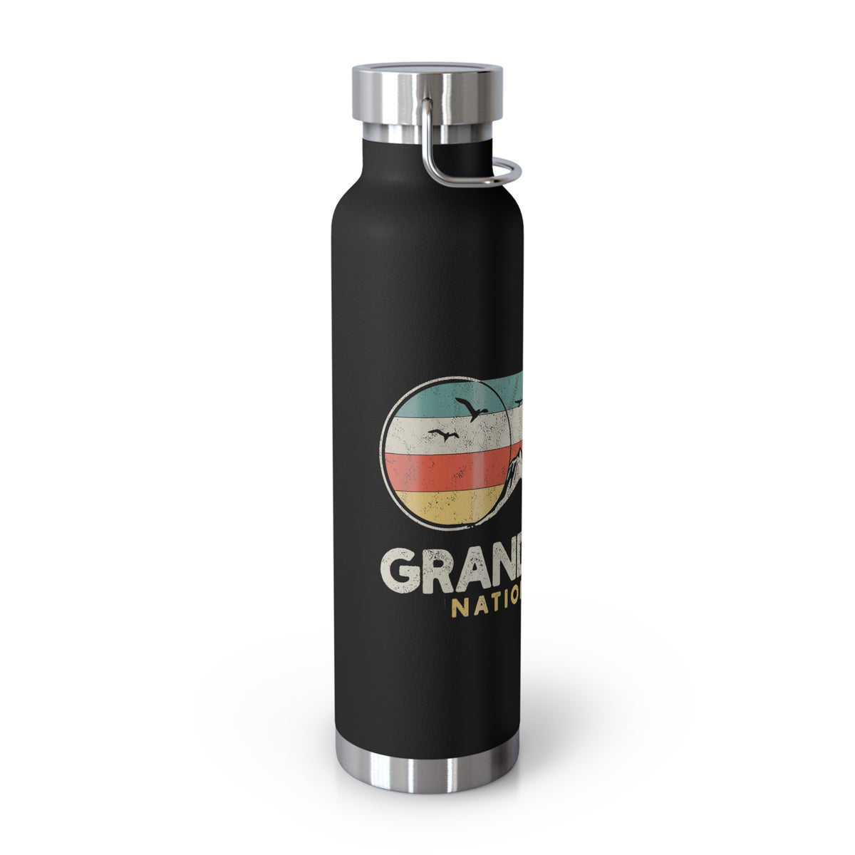 Grand Teton National Park souvenir water bottle featuring a mountain scene design with stainless steel construction.