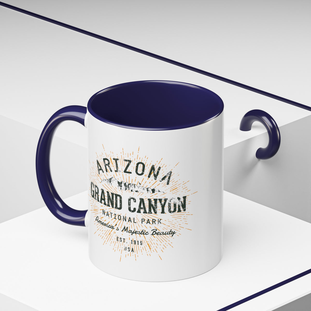 Grand Canyon National Park souvenir mug with a retro Arizona design and text.