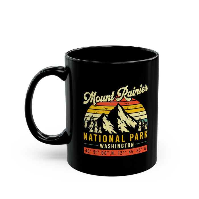 Mount Rainier National Park souvenir mug with mountain and coordinates design