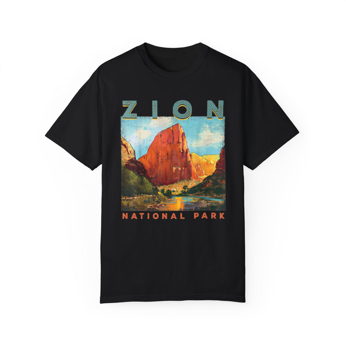 T-shirt featuring a scenic landscape design of Zion National Park.