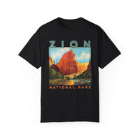 T-shirt featuring a scenic landscape design of Zion National Park.