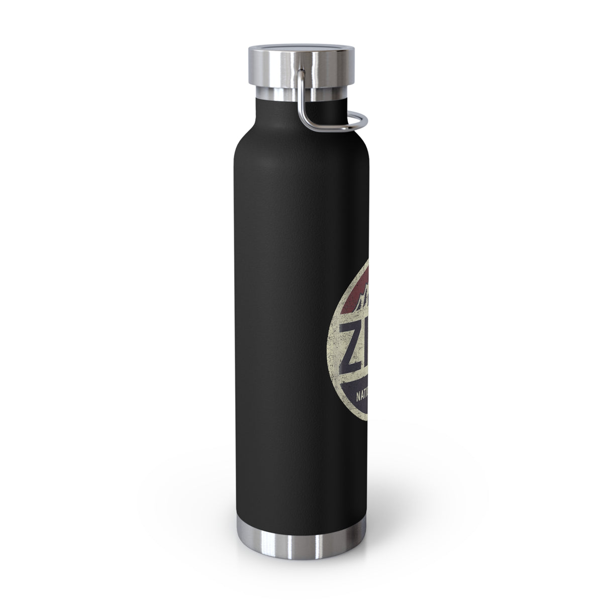 Image of a stainless steel water bottle featuring a design from Zion National Park in Utah.