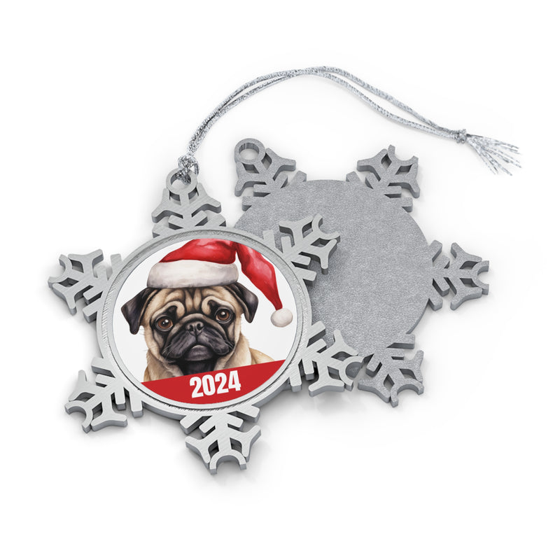 Pug 2024 Christmas Pewter Snowflake Ornament with Free Gift Box