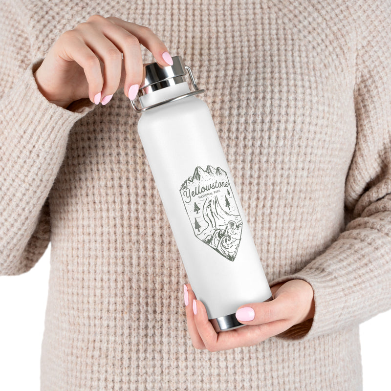 Image of a stainless steel water bottle featuring a design from Yellowstone National Park.