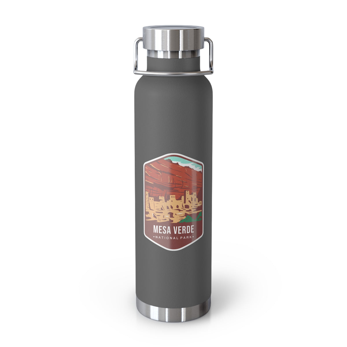 Grey stainless steel water bottle with a scenic design of Mesa Verde National Park.