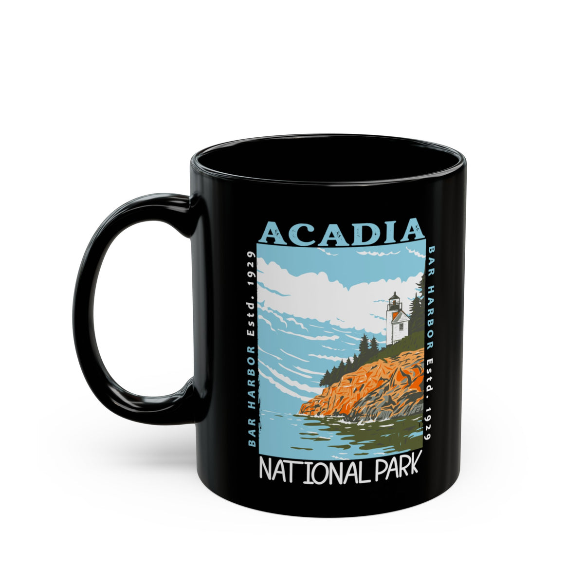 Ceramic coffee mug featuring a lighthouse and cliff design with Acadia National Park and Bar Harbor.