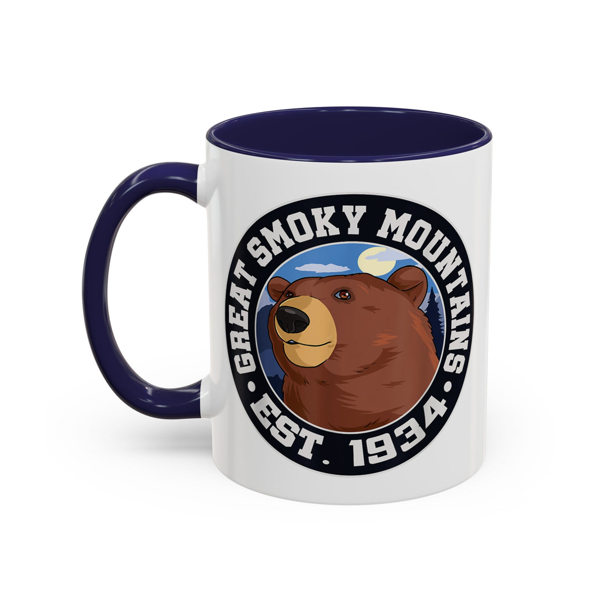 11 oz navy ceramic mug featuring an illustration of a bear with the text "Great Smoky Mountains Est. 1934."