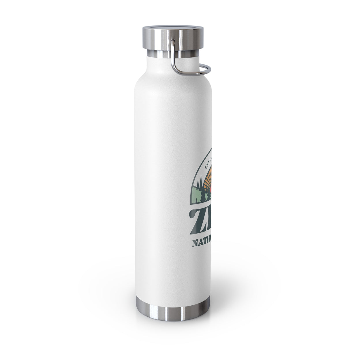 Image of a stainless steel water bottle featuring a design from Zion National Park in Utah.