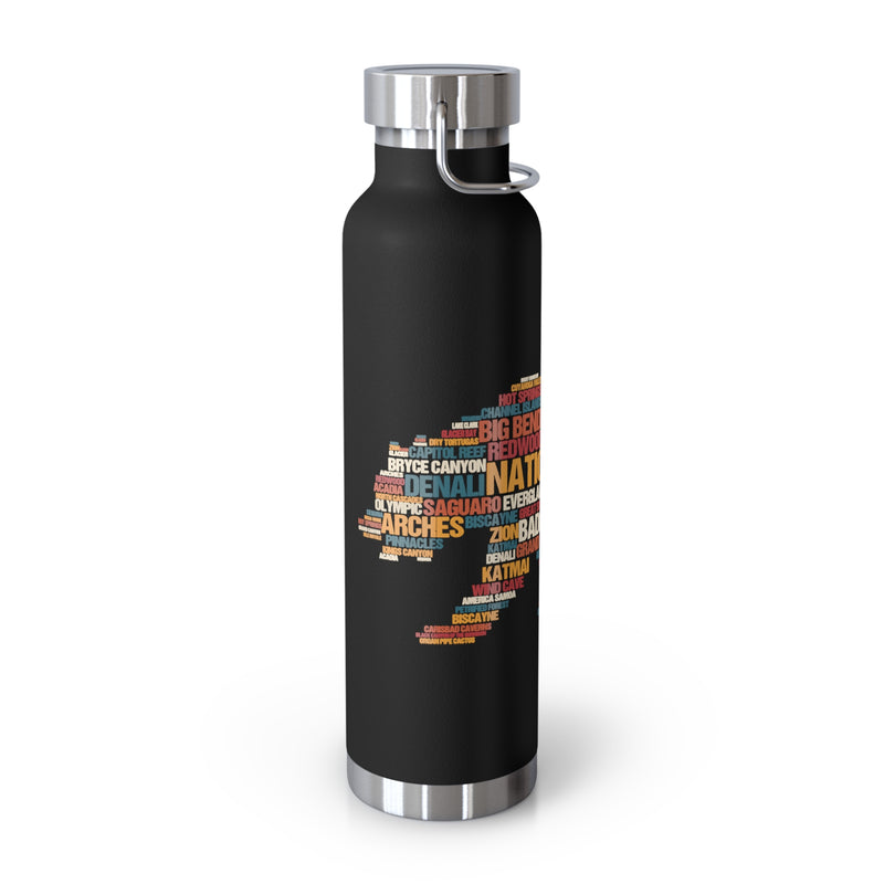 22oz vacuum insulated stainless steel water bottle with a word cloud design featuring names of various national parks.